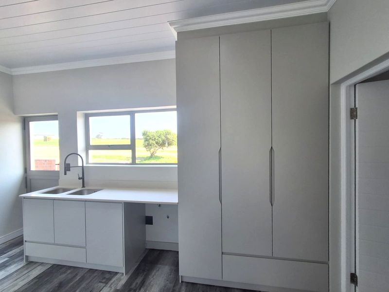 A modern, clean scullery featuring built-in cabinetry, a stainless steel sink with a gooseneck faucet, and durable laminate flooring.