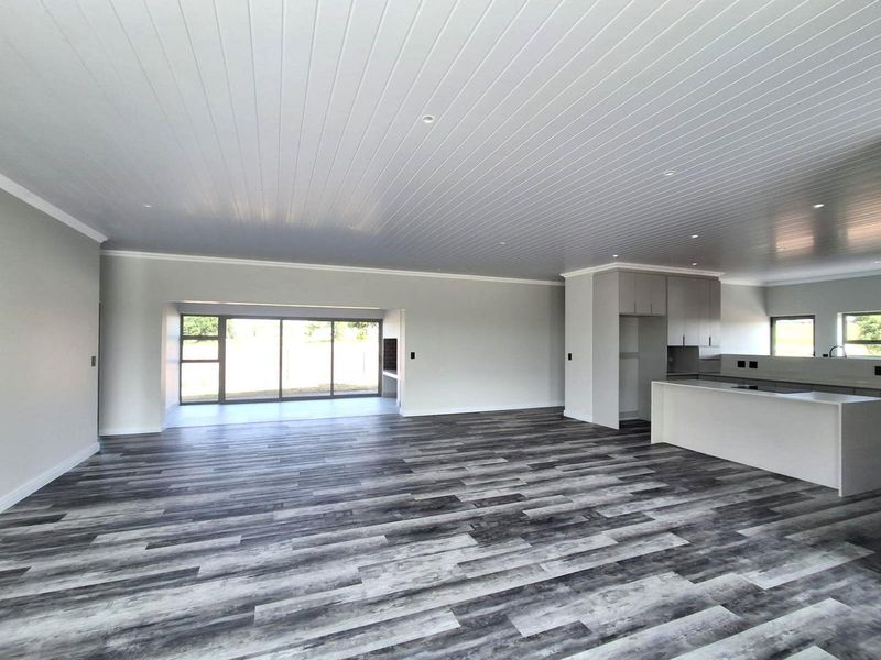 Spacious open-plan living area featuring modern laminate flooring, a tongue and groove ceiling, and a contemporary kitchen with built-in cabinetry and island.