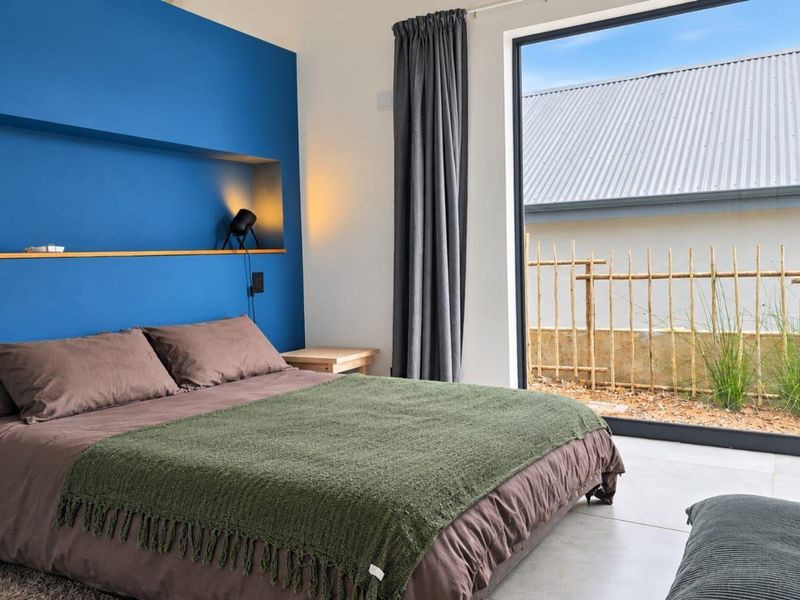 Modern bedroom featuring a vibrant blue accent wall with a built-in niche and a large sliding glass door providing natural light and garden access.