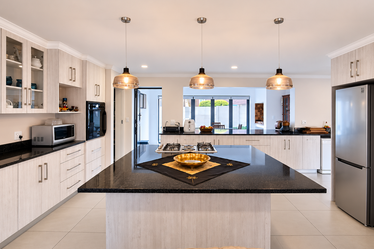 Modern kitchen featuring a large central island with granite countertops, built-in oven, gas hob, and ample cabinetry, illuminated by stylish pendant lighting.