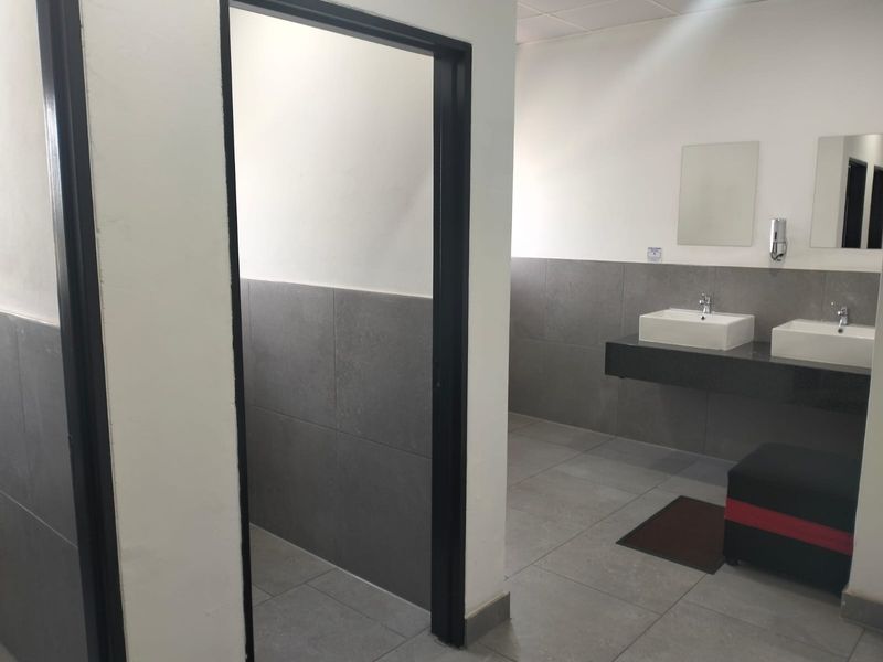 Modern office bathroom featuring dual vanity basins, sleek grey wall tiling, and clean, minimalist finishes.