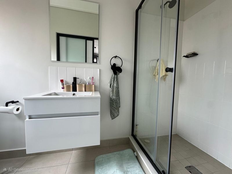 Modern bathroom featuring a wall-mounted vanity with integrated basin, a glass-enclosed shower with tiled walls, and neutral floor tiling.