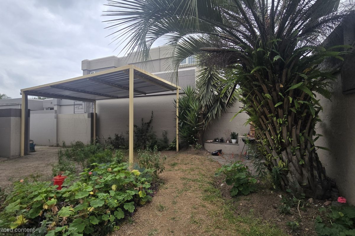 Rear garden area featuring a metal carport structure, boundary walls, and established palm tree, offering potential for landscaping improvements.