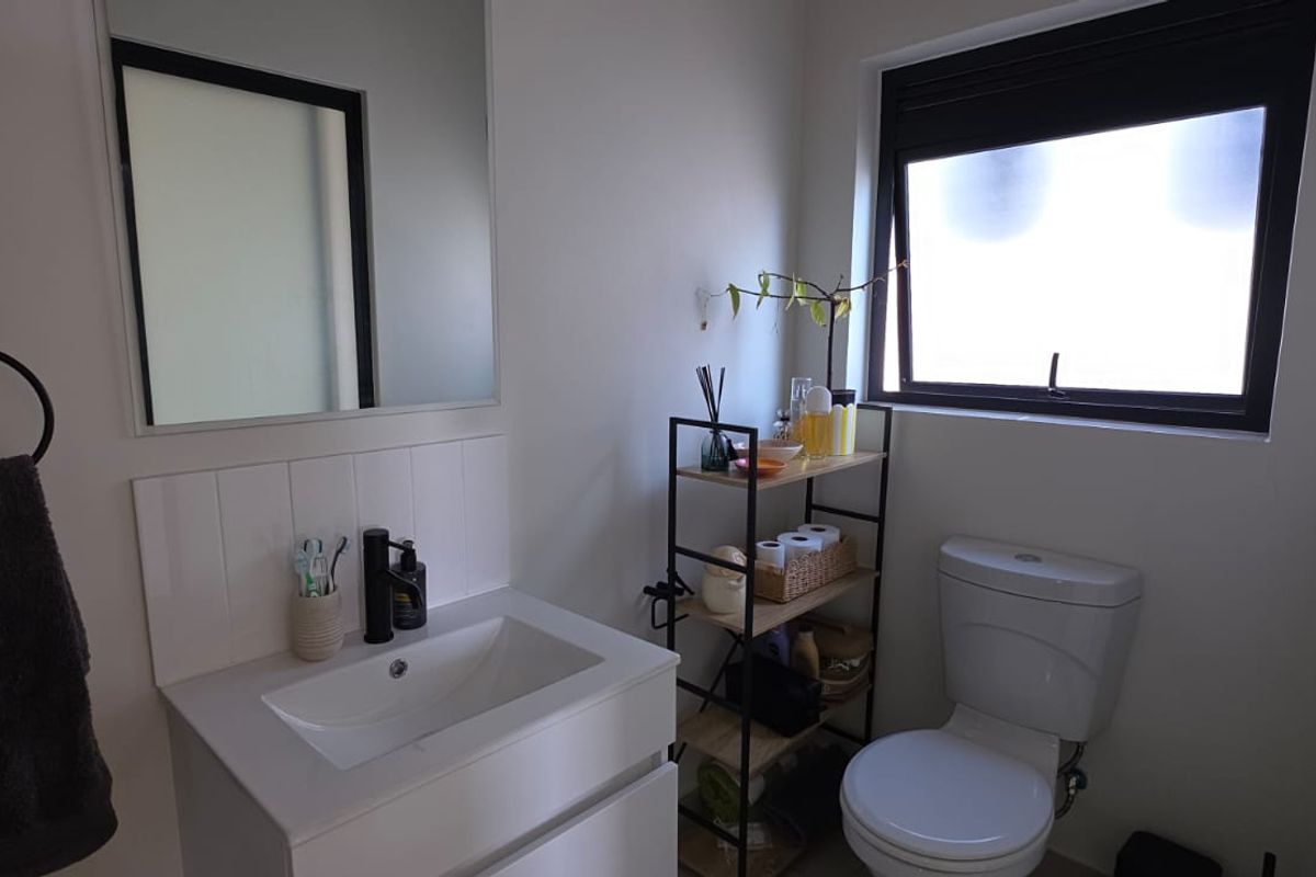 A modern bathroom featuring a sleek vanity with a basin, a wall-mounted mirror, a toilet, and a window with a black frame.