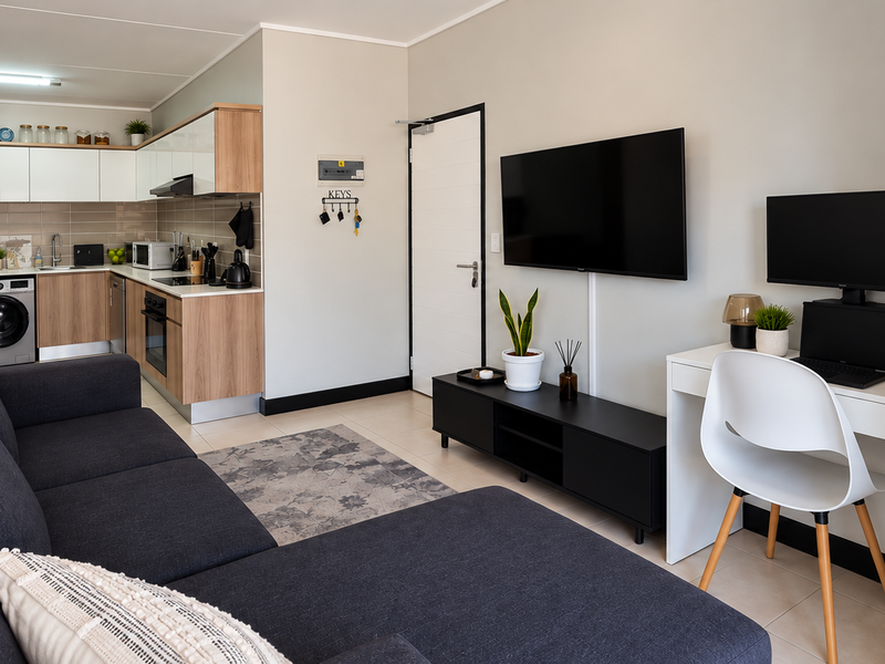 A modern open-plan living area featuring a compact, well-equipped kitchen with wood-finish cabinetry and tiled flooring, seamlessly integrated with a functional living and workspace.