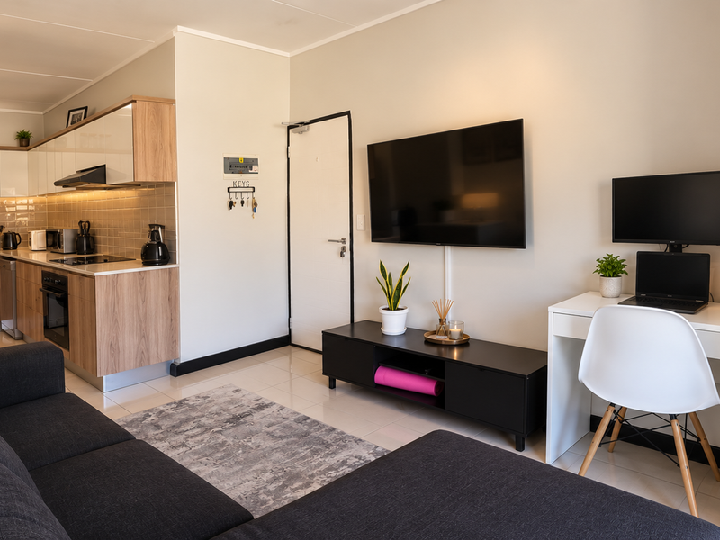 Modern open-plan living area featuring a compact kitchen with contemporary cabinetry, tiled backsplash, and integrated appliances, seamlessly flowing into the lounge and workspace.