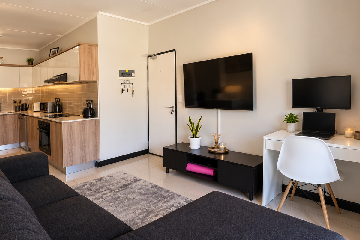 Modern open-plan living area featuring a compact kitchen with contemporary cabinetry, tiled backsplash, and integrated appliances, seamlessly flowing into the lounge and workspace.