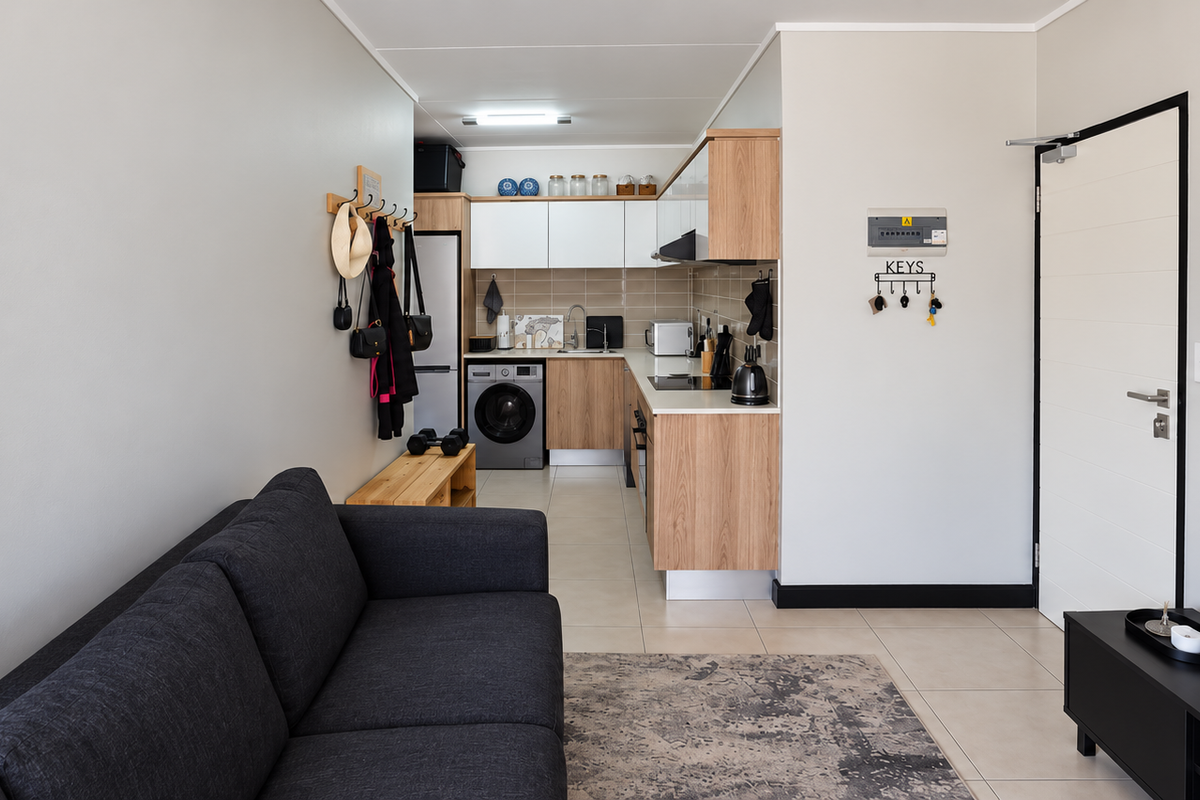 A modern open-plan living area featuring a compact, well-equipped kitchen with wood-finish cabinetry, tiled backsplash, and integrated appliances, seamlessly flowing into the living space.