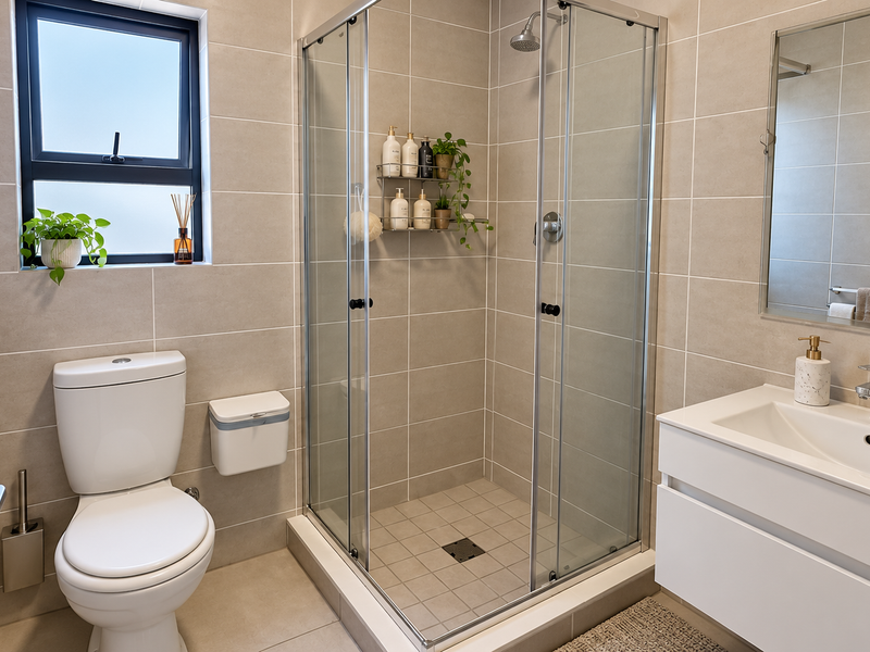 Modern bathroom featuring a glass-enclosed shower, wall-mounted vanity with basin, and neutral floor-to-ceiling tiling.