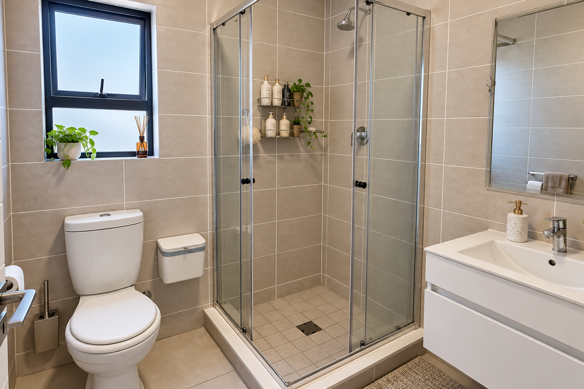 Modern bathroom featuring a glass-enclosed shower, wall-mounted vanity with basin, and neutral floor-to-ceiling tiling.
