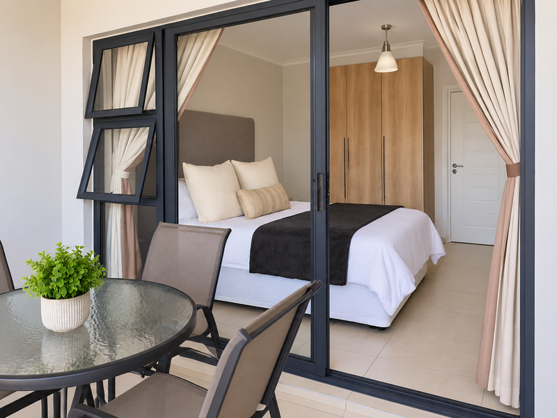 A covered patio area featuring tiled flooring and sliding glass doors that provide direct access to a bedroom with a built-in wardrobe.