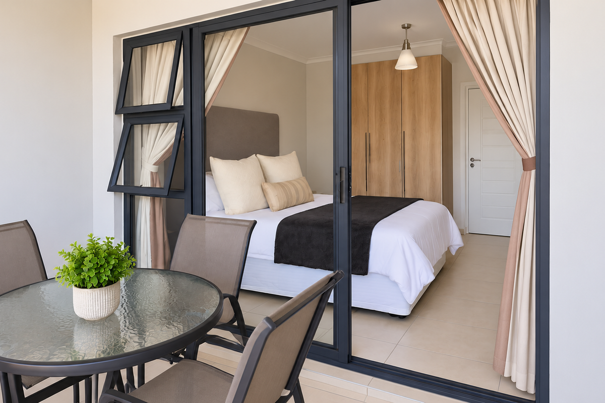 A covered patio area featuring tiled flooring and sliding glass doors that provide direct access to a bedroom with a built-in wardrobe.