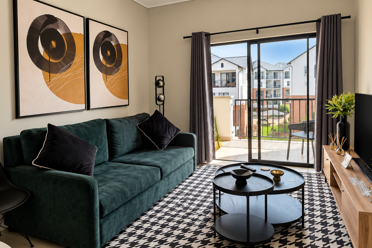 A well-maintained living room featuring a sliding glass door that opens onto a balcony, providing natural light and access to outdoor space.