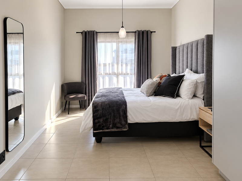 A well-maintained bedroom featuring neutral tiled flooring, built-in wardrobes, and modern pendant lighting, offering a clean and contemporary living space.