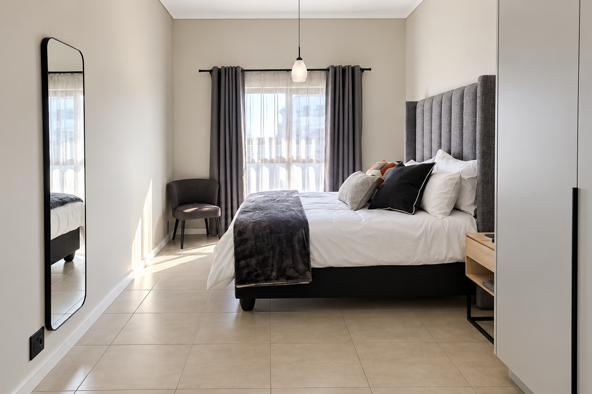 A well-maintained bedroom featuring neutral tiled flooring, built-in wardrobes, and modern pendant lighting, offering a clean and contemporary living space.
