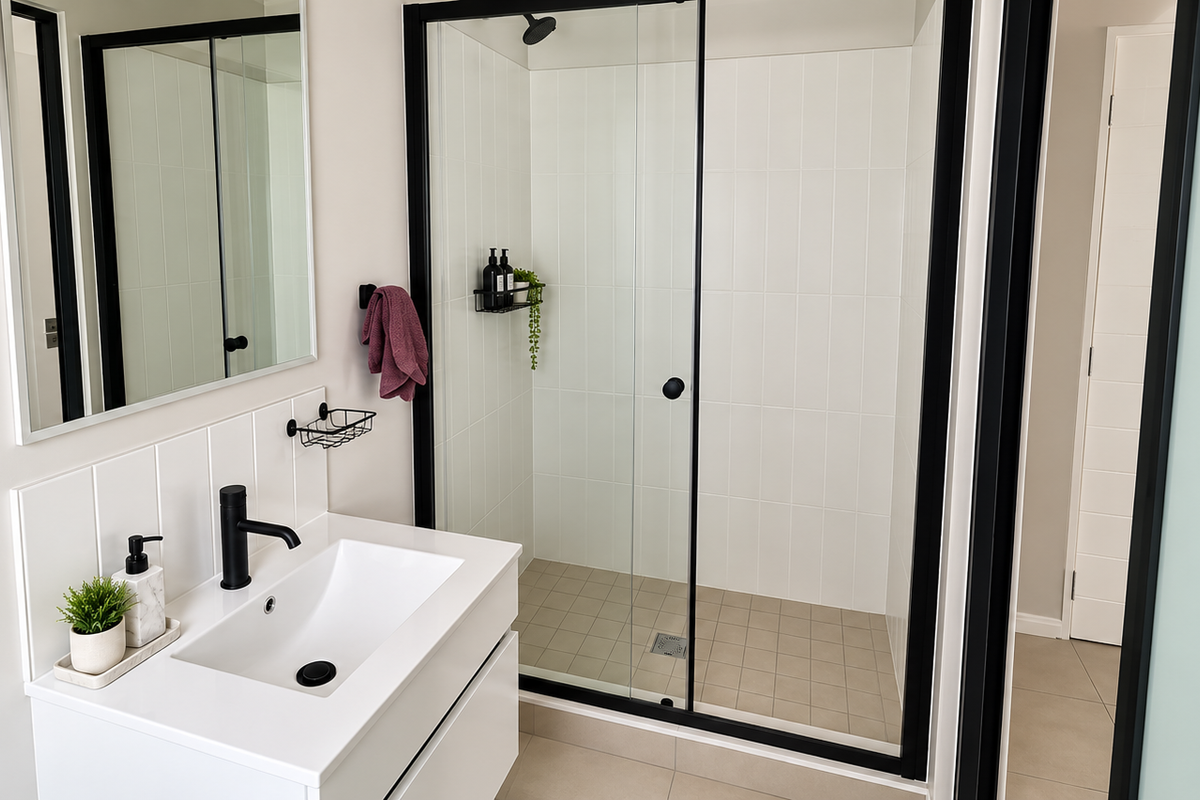 Modern bathroom featuring a sleek vanity with basin, black fixtures, and a spacious walk-in shower with glass enclosure.