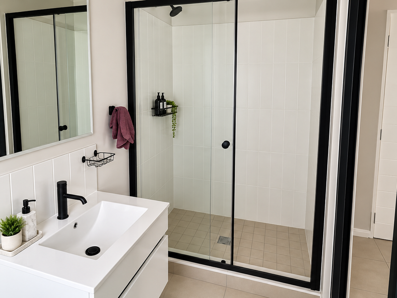 Modern bathroom featuring a sleek vanity with basin, black fixtures, and a spacious walk-in shower with glass enclosure.