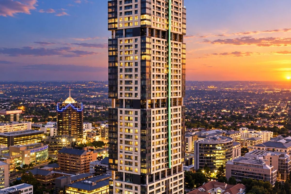 A stunning aerial view of a modern high-rise apartment tower at sunset, showcasing its architectural design and prominent city skyline presence.
