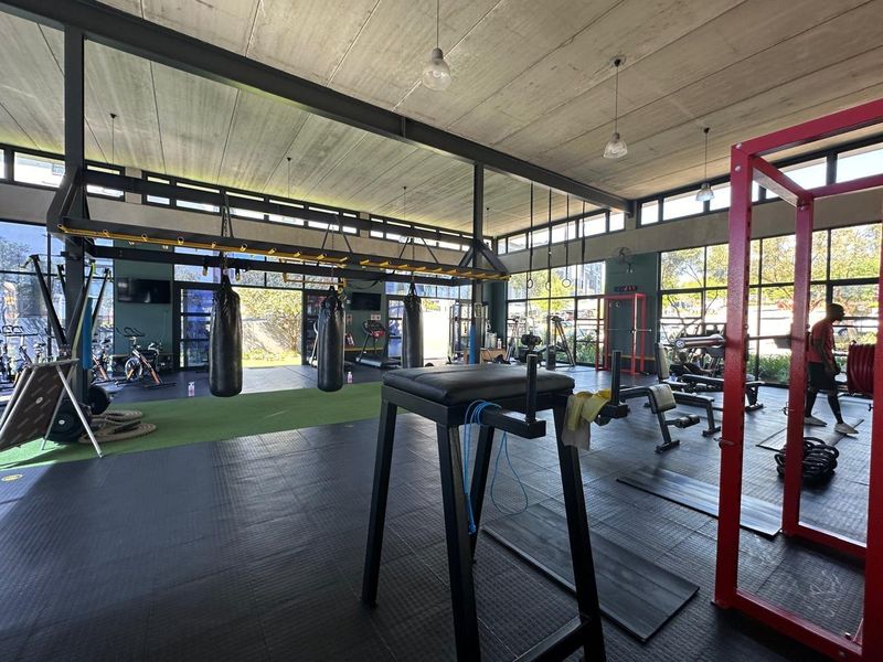 A spacious, well-equipped gym featuring rubber flooring, exposed concrete ceilings, and large windows providing ample natural light.