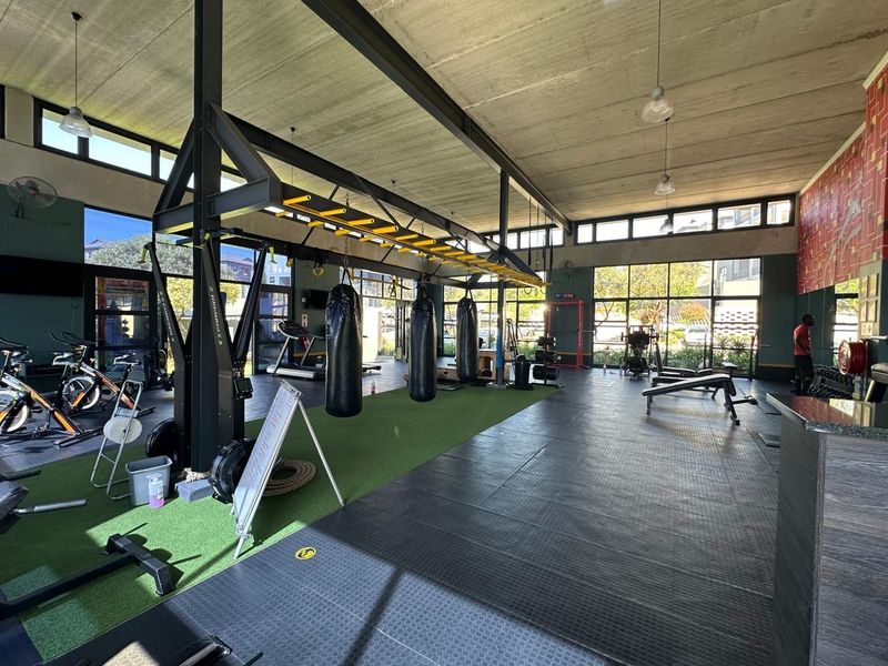 A spacious, well-equipped gym featuring exposed concrete ceilings, large windows for natural light, and a combination of rubber and artificial turf flooring.