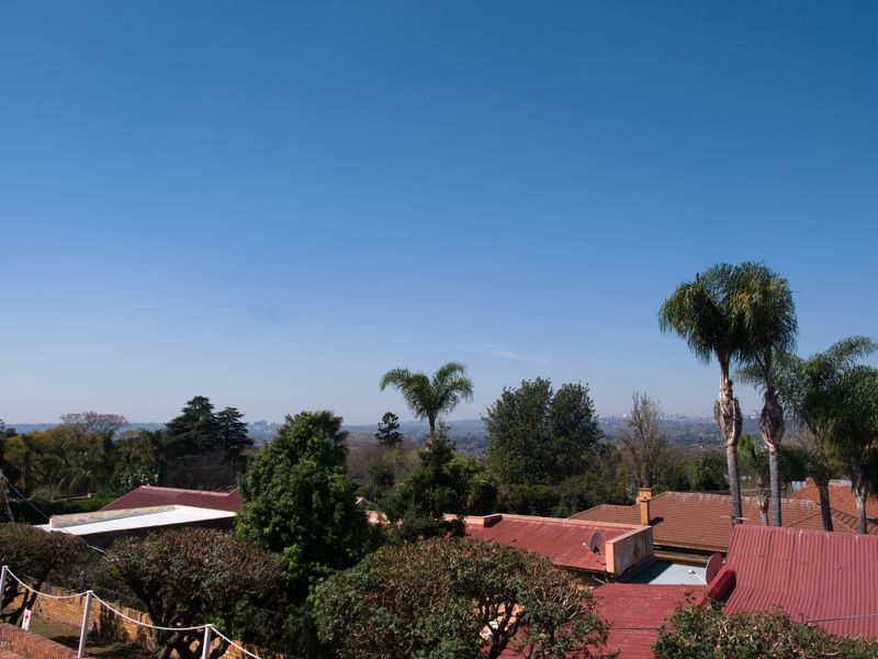 An elevated outdoor view overlooking a suburban landscape with mature trees and residential rooftops under a clear blue sky.