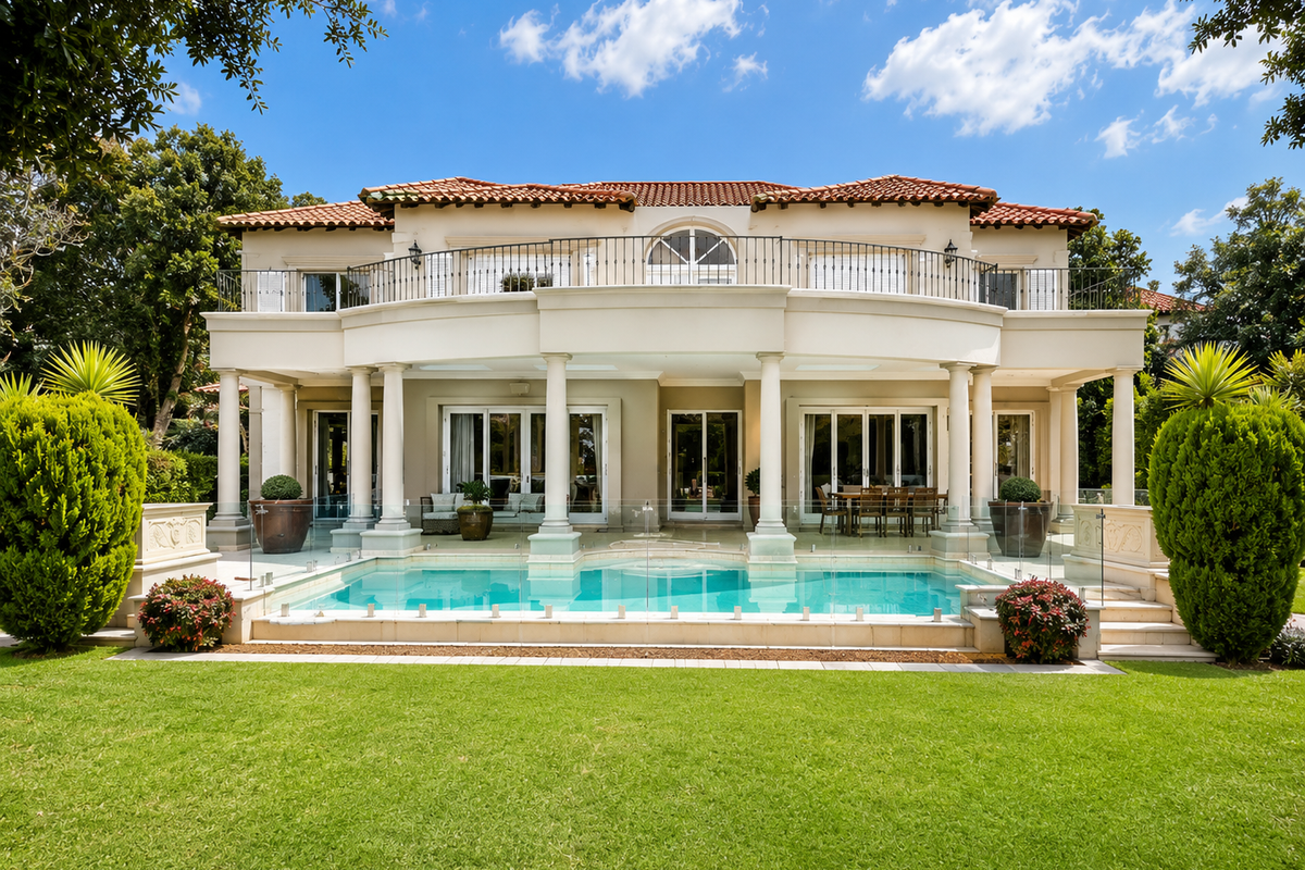Rear elevation of a luxury cluster home featuring a swimming pool, glass fencing, covered patio, and an upper-level balcony with wrought iron railings.