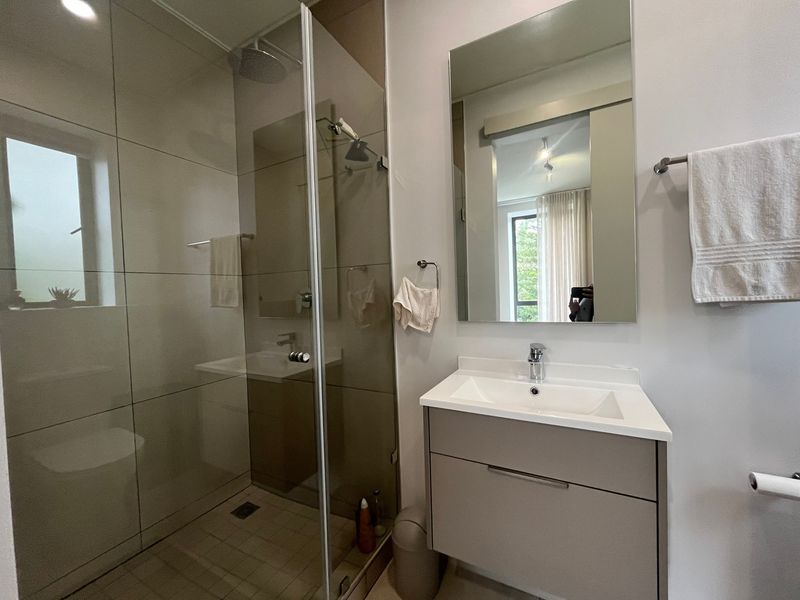 Modern bathroom featuring a walk-in shower with a glass screen, rain shower head, and a sleek wall-mounted vanity with an integrated basin.