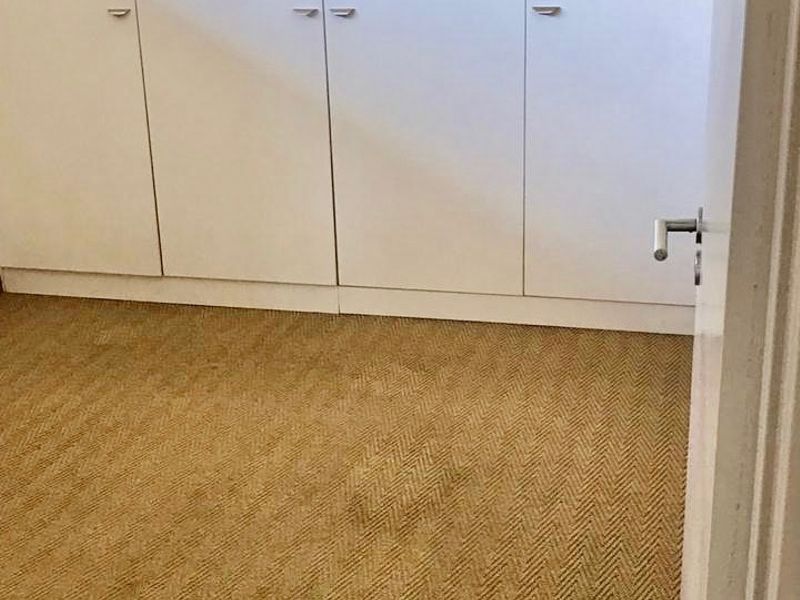 An empty bedroom featuring built-in cupboards and carpeted flooring, showing signs of wear and staining on the carpet.