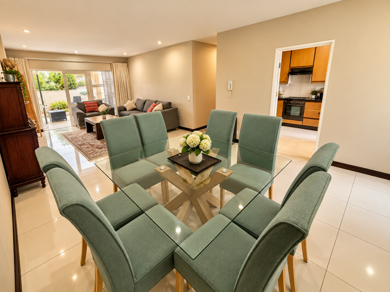 Spacious open-plan dining and living area featuring tiled floors, recessed lighting, and seamless flow to an outdoor patio, with an adjacent kitchen.