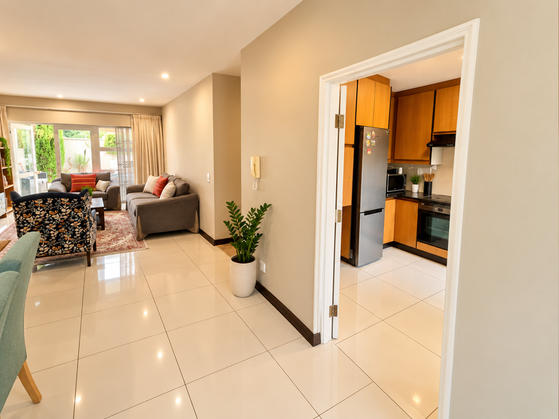 Open-plan living area featuring polished porcelain tiles, recessed lighting, and a separate kitchen with built-in cabinetry, oven, and hob, leading to a patio.