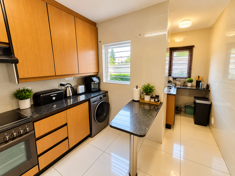 Modern kitchen featuring warm wood cabinetry, granite countertops, integrated appliances, and a functional scullery area with tiled finishes throughout.