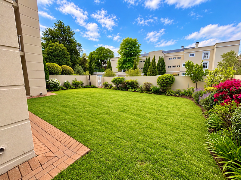 A well-maintained private garden featuring a lush green lawn, brick paved patio area, and established perimeter landscaping with a boundary wall.