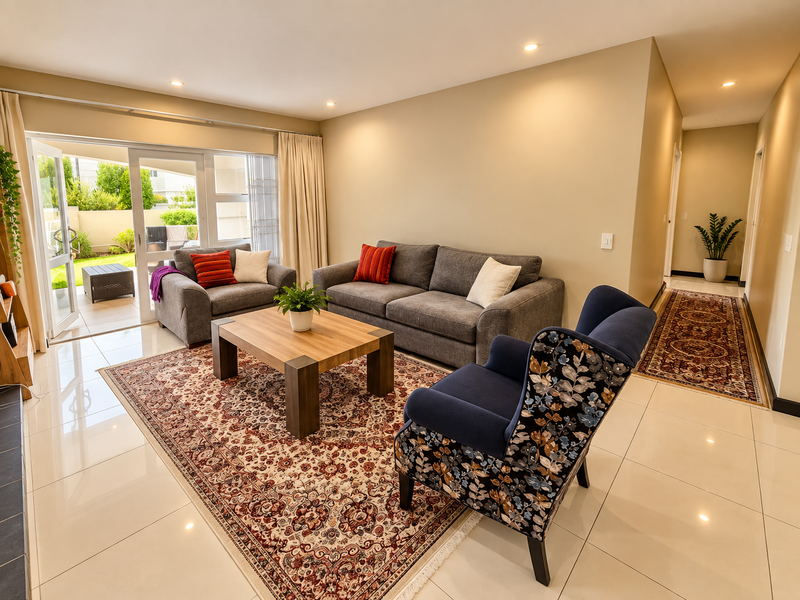 Spacious living room featuring polished tile flooring, recessed lighting, and large sliding glass doors providing direct access to the outdoor patio area.