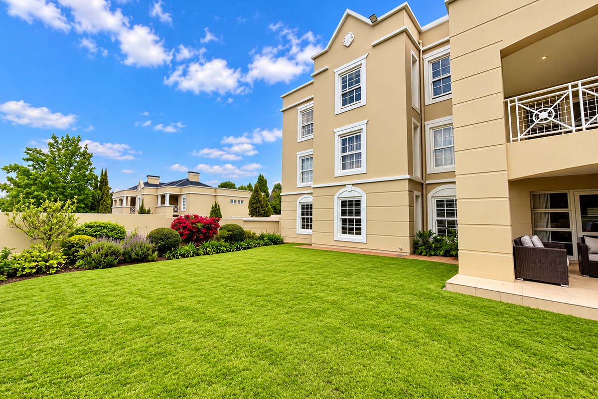 A well-maintained rear garden featuring a lush lawn, landscaped borders, and a covered patio area attached to a multi-story residential building.