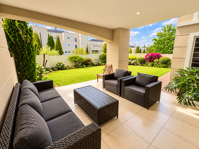 A spacious covered patio featuring tiled flooring and recessed lighting, overlooking a well-maintained private garden area.