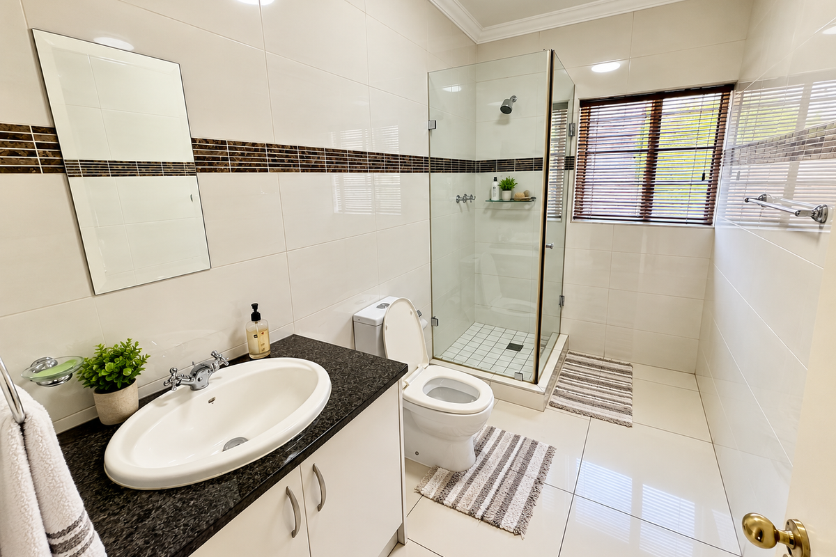 A well-maintained bathroom featuring a granite-topped vanity, a glass-enclosed shower, and neutral wall tiling with a decorative mosaic accent border.
