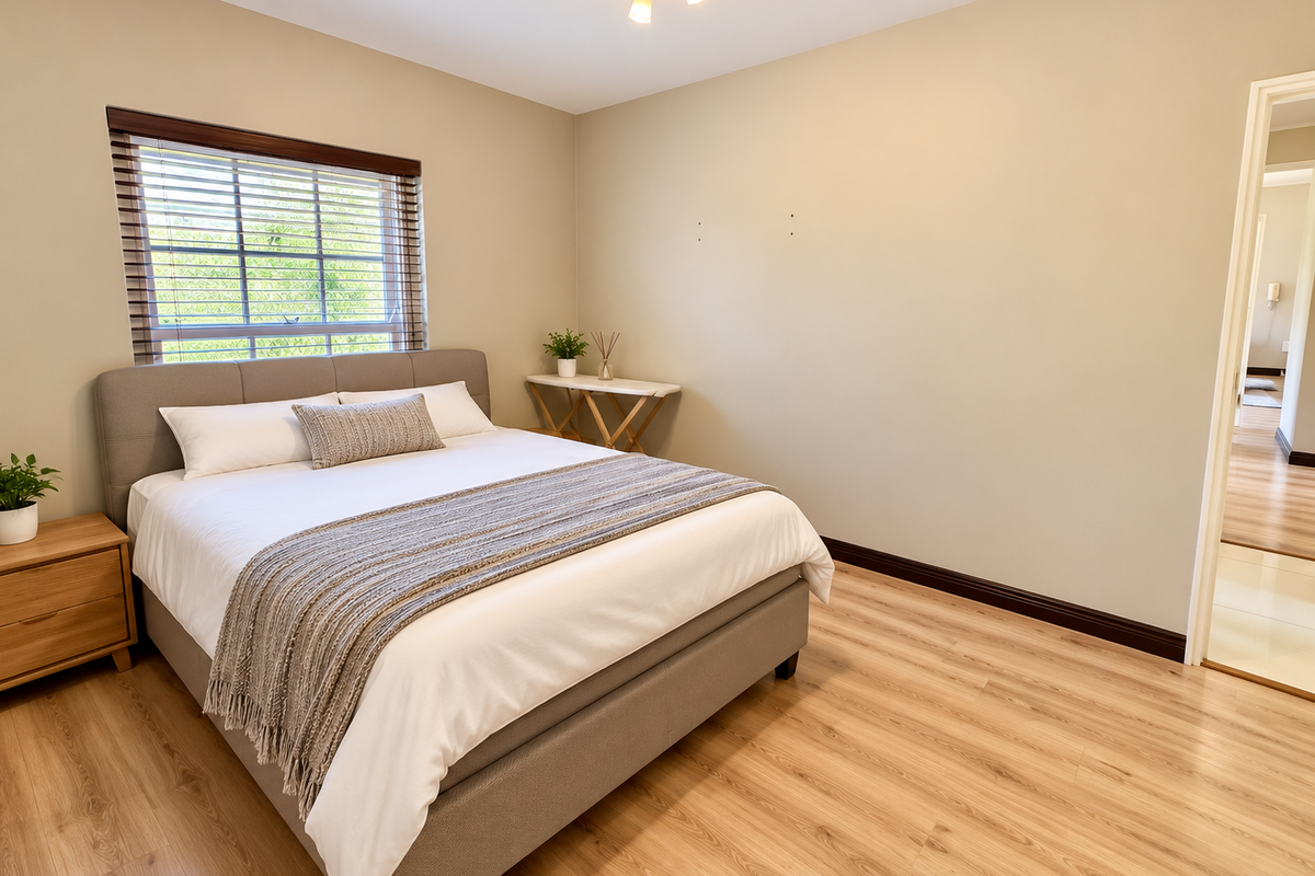 A well-maintained bedroom featuring light-toned laminate flooring, neutral wall finishes, and a window fitted with wooden venetian blinds.