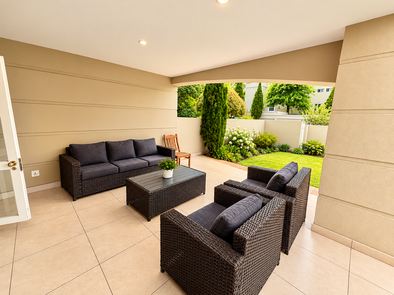 A covered patio area featuring tiled flooring and recessed lighting, providing a seamless transition to the landscaped garden.