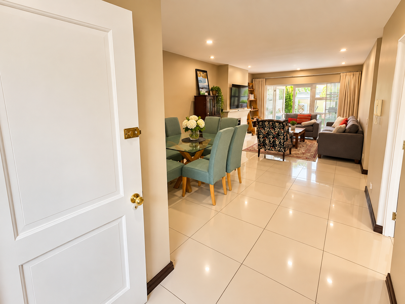 Spacious open-plan living and dining area featuring polished tiled flooring, recessed lighting, and large sliding glass doors leading to the outdoor space.