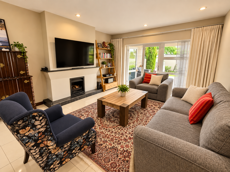 A well-maintained living room featuring a fireplace, tiled flooring, and large sliding glass doors that provide access to the outdoor area.
