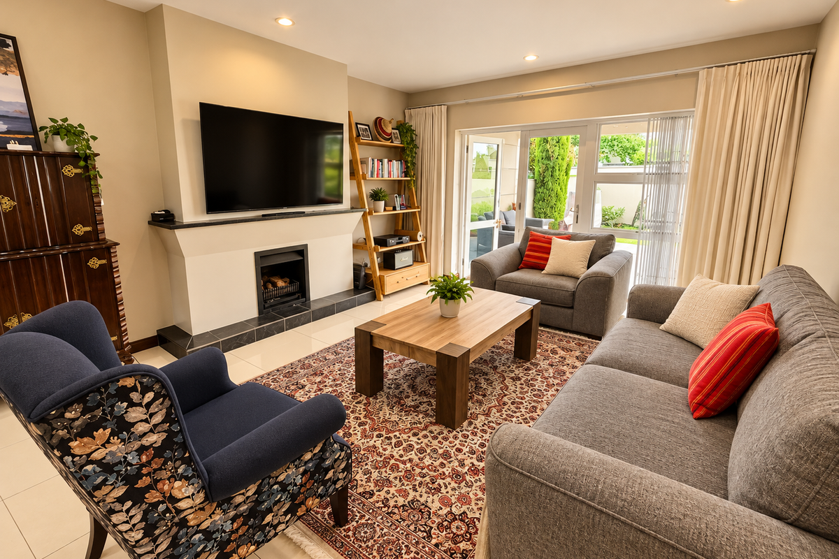 A well-maintained living room featuring a fireplace, tiled flooring, and large sliding glass doors that provide access to the outdoor area.