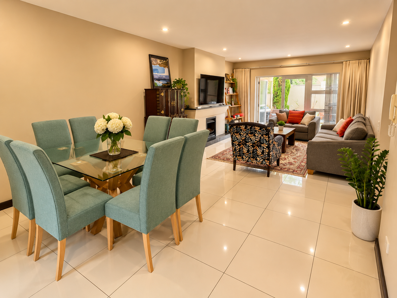 Spacious open-plan living and dining area featuring polished porcelain floor tiles, a built-in fireplace, and large sliding glass doors leading to the patio.