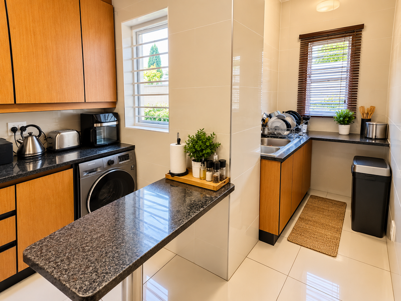 A well-maintained scullery featuring wood-finish cabinetry, granite countertops, tiled surfaces, and a dedicated laundry area with integrated plumbing.