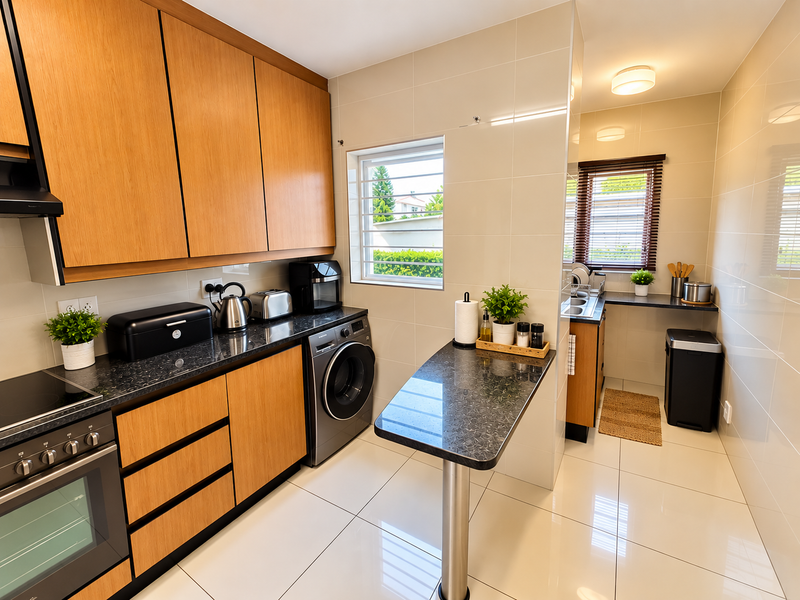 A modern, well-maintained scullery featuring sleek wooden cabinetry, granite countertops, integrated appliances, and tiled finishes, providing a functional and organized secondary kitchen space.