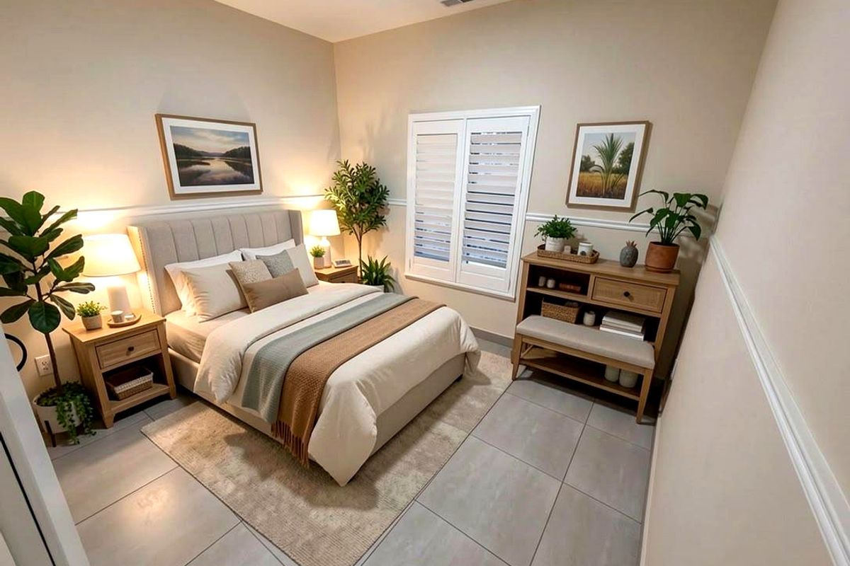 A well-maintained bedroom featuring neutral tiled flooring, elegant chair rail molding, and plantation shutters that provide excellent natural light control.