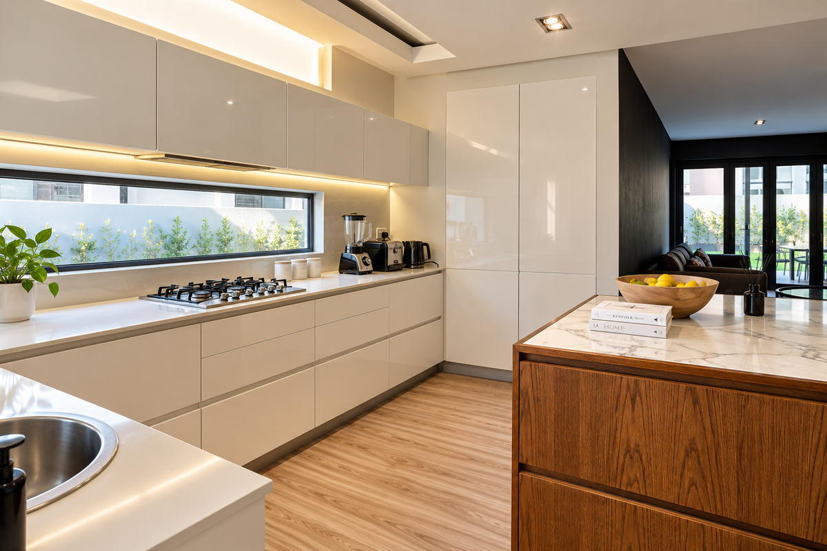 Modern kitchen featuring high-gloss cabinetry, stone countertops, a gas cooktop, and a central island with wood detailing, illuminated by integrated lighting.