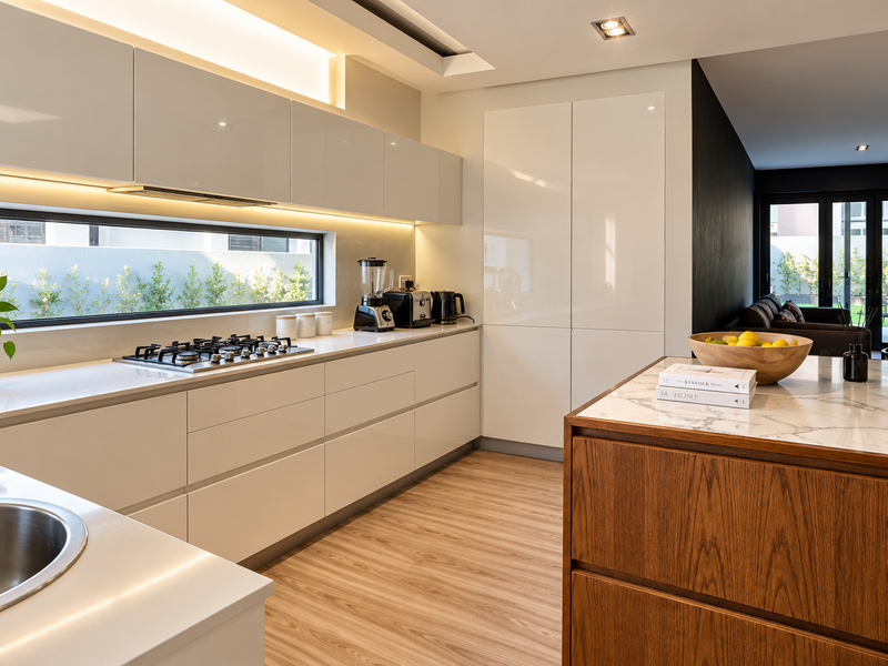 Modern kitchen featuring high-gloss cabinetry, stone countertops, a gas cooktop, and a central island with wood detailing, illuminated by integrated lighting.