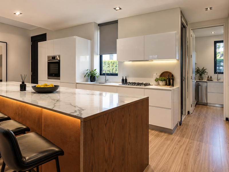 Modern open-plan kitchen featuring a marble-topped island, high-gloss cabinetry, integrated appliances, and a convenient adjoining scullery with wood-look flooring throughout.