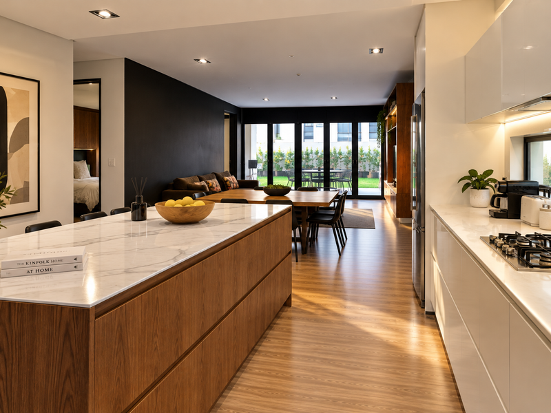 Modern open-plan living area featuring a sleek kitchen with marble island, gas cooktop, and seamless flow to the outdoor patio through large sliding doors.