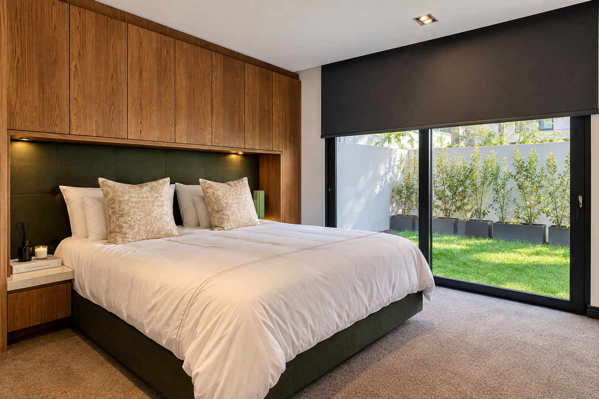 Modern bedroom featuring extensive built-in timber cabinetry, integrated headboard lighting, and large sliding glass doors opening to a private garden area.